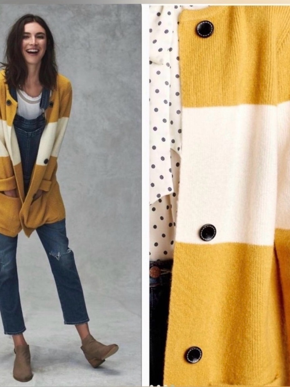 Anthropologie Mustard and White Striped Double-Breasted Cardigan